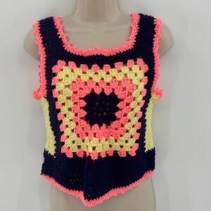 Vintage Handmade Crochet Granny Square Tank Top Neon Pink Navy Yellow S M (A1)